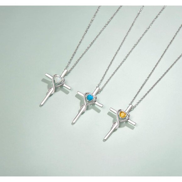 Birthstone Opal Cross Necklace for Women with Heart Accent, 18" Silver Pendant - Picture 4 of 7